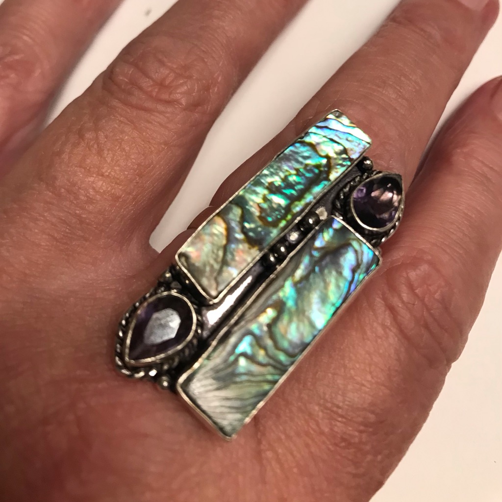 Abalone Amethyst Stamped 925 Sterling Silver Ring